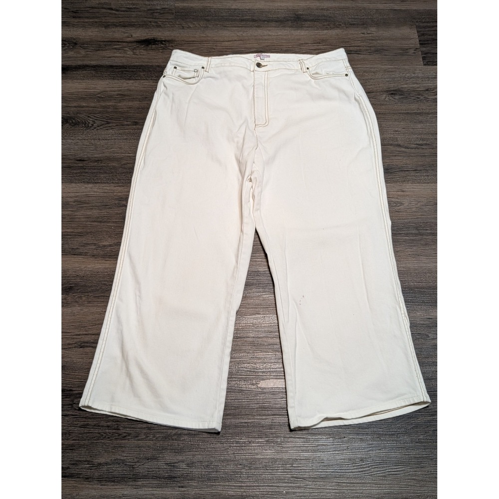 Frances Valentine Cream Wide‎ Leg Cropped Jeans Size 14 Off White Cotton Denim